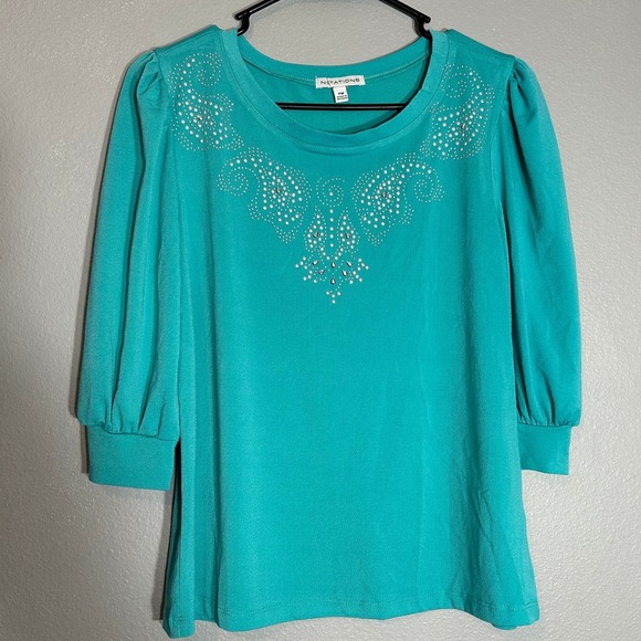 Notations Embellished Top Blouse 3/4 Sleeve Jewel Neck Teal Blue Size PM - Picture 2 of 7